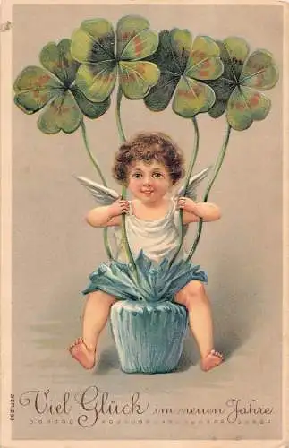 L392 Neujahrsgrüße 1909 Cherub Amor Kleeblatt Glück geprägt Postkarte