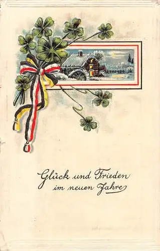 Neujahrsgrüße 1916 Wassermühle Kleeblatt deutsche Flagge Band 1. Weltkrieg Feldpostkarte