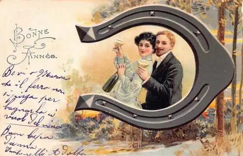 L396 Neujahrsgrüße 1905 Paar Sekt Hufeisen Glück Prägepostkarte