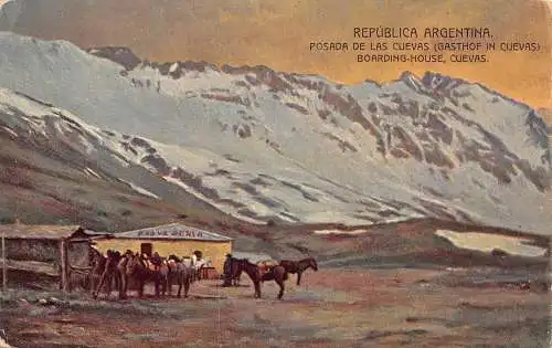 A815 Argentinien Pension Cuevas Kunst Pferde Berg Vintage Postkarte