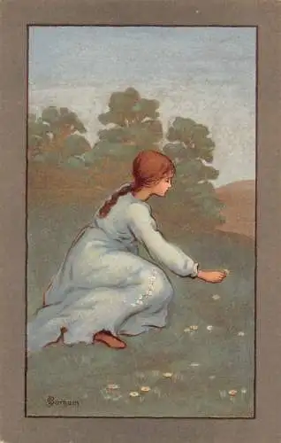 L126 Fantasy Girl Gänseblümchen Blumen S. Barham signierte Postkarte