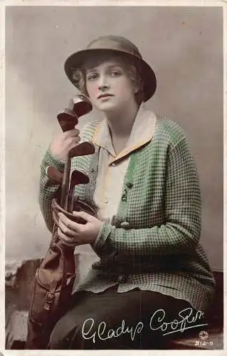 A829 Edwardianische britische Schauspielerin Gladys Cooper Golfschläger 1915 RPPC Postkarte