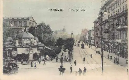 L122 Deutschland 1905 Hannover Georgstraße Kaffee Kroepcke Straßenbahn Vintage Postkarte