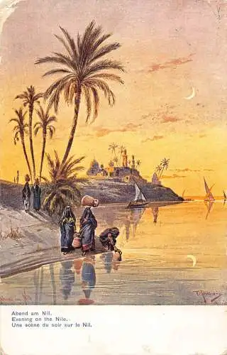 A192 Ägypten 1907 Abend auf dem Nil Frauen pflegen Wasserboote F Perlberg Postkarte