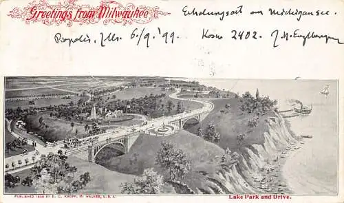A193 US 1899 Geetings from Milwaukee Lake Park and Drive Vintage Postkarte