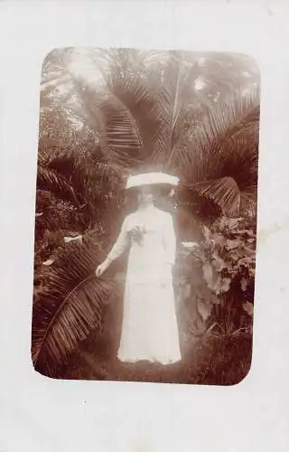 A195 Echt Foto Passepartout Frau weißes Kleid posiert exotischer Garten Postkarte