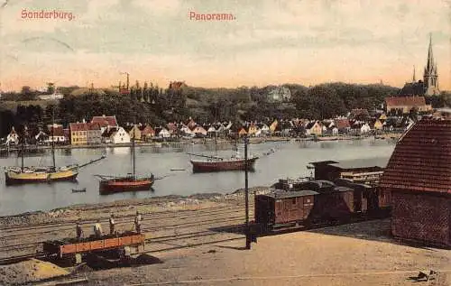 L416 Dänemark Sonderborg Panorama Boote Zug Waggons 1910 Vintage Postkarte