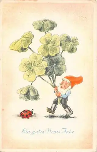 L294 Neujahrsgrüße Zwerg Kleeblatt Marienkäfer Glück Vintage Postkarte