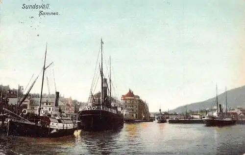 A225 Schweden 1905 Sundsvall Hammen Hafen Dampfschiffe Vintage Postkarte