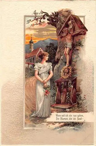 A196 Passepartout Jesus am Kreuz Skulptur Frau Blumen Prägepostkarte