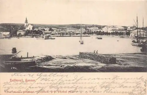 A225 Schweden 1906 Hudiksvall Hamnen Hafen Boote Vintage Postkarte