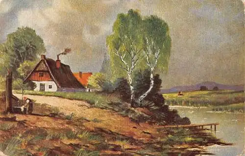 A218 Village Sight Woman at Well Houses River Dark Clouds Vintage Postkarte