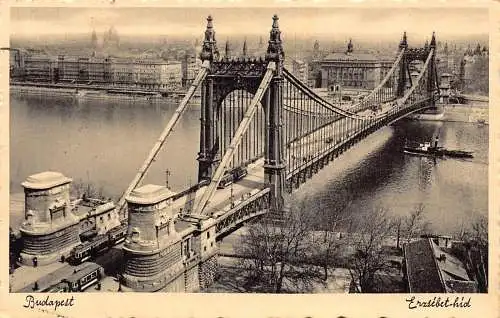 A226 Ungarn Budapest 1928 Elisabethbrücke Straßenbahn Dampfschiff Vintage Postkarte
