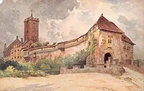 A026 Deutschland Wartburg von N Zitadelle Gemälde signiert O Schulz Vintage Postkarte