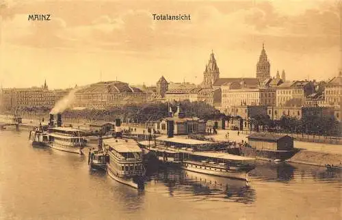 A026 Deutschland Mainz Gesamtansicht Dampfschiffe Vintage Postkarte