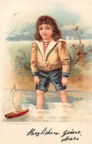 Junge im Matrosenanzug mit Spielzeugboot 1901 Bozen Litho Vintage Postkarte