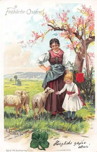 Ostergrüße Mutter Tochter Lämmer Kleeblatt signiert Docker Vintage Postkarte