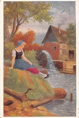 A219 Bauernmädchen ruhende Wassermühle signiert J Kraenzle Vintage Postkarte