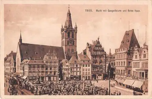 A223 Deutschland 1916 Trierer Markt Gangolfsturm Turm Rotes Haus Vintage Postkarte