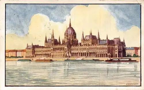 A226 Ungarn Budapest Parlament Kunst signiert Gebhardt Vintage Postkarte
