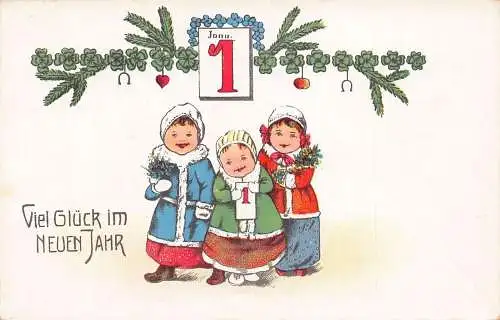 L399 Neujahrsgrüße Kinder Mistel Glück Vintage Postkarte