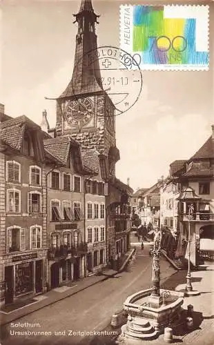 L295 Schweiz Solothurn Ursusbrunnen Zeitglockenturm Geschäfte Vintage Postkarte