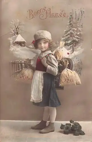 L294 Neujahrsgrüße 1913 Mädchen Kleeblatt Glück Geldbeutel Vintage Postkarte