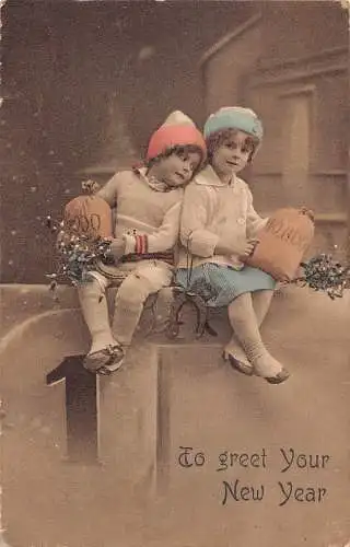 L294 Neujahrsgrüße Kinder Geldtüten Mistelzweig Hufeisen Vintage Postkarte