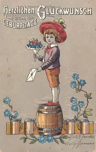 L402 Geburtstagsgrüße 1911 Junge Blumen Fass Bier Dosen Glück Vintage Postkarte