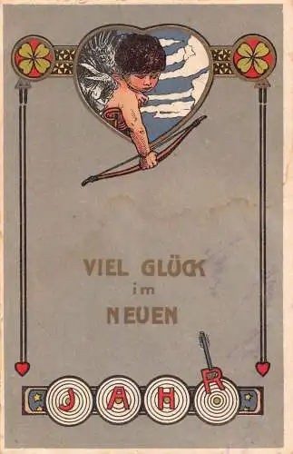 L402 Neujahrsgrüße Amor Bogenschießen Pfeil Glück Vintage Postkarte