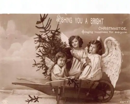 A047 Weihnachtsgrüße Mädchen Engel im Wagen Kiefer RPPC Vintage Postkarte