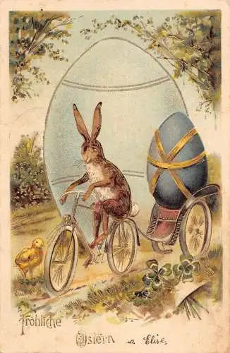 L302 Ostergrüße 1905 Vermenschlichter Hase Fahrrad fahren Ei geprägte Postkarte