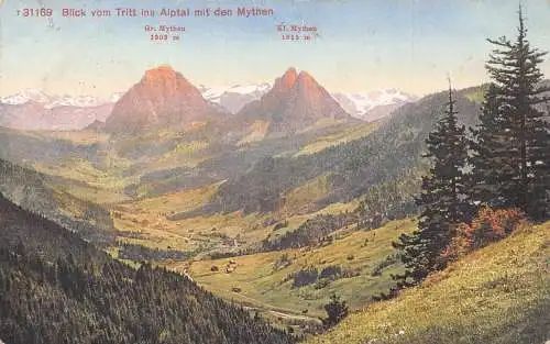 A040 Schweiz 1921 Blick vom Tritt ins Alptal mit den Mythengipfeln Postkarte