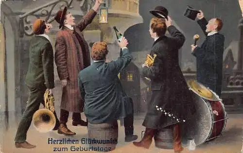 Geburtstagsgrüße 1910 Fanfare Männer Lampe Trompeten Trommel Trinkflasche Postkarte