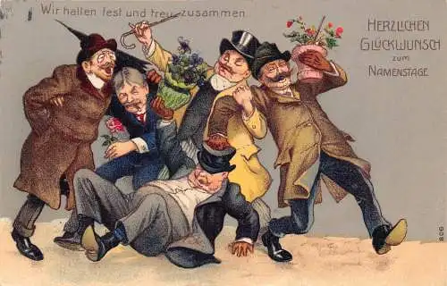 Namenstag Grüße 1912 lustige Männer schieben sich gegenseitig Comic Humor Blume Postkarte