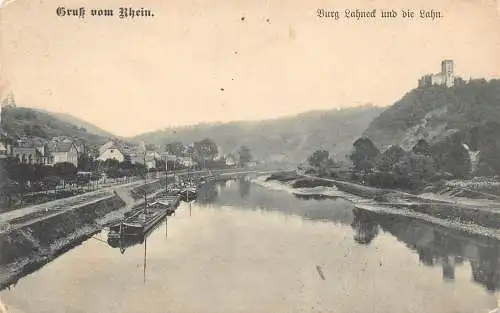 Deutschland 1906 Gruss vom Rhein Burg Lahneck und Lahn Boote Vintage Postkarte
