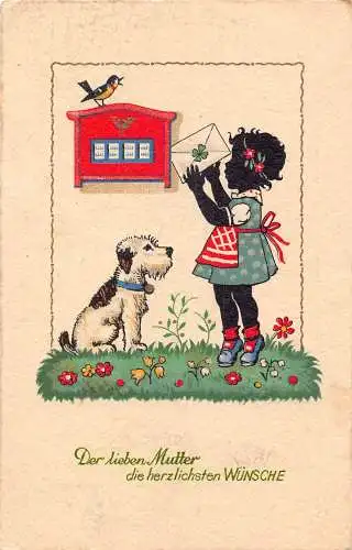 Silhouette kleines Mädchen Brief im Briefkasten Hunde Kleeblatt Blumen Vogel Postkarte