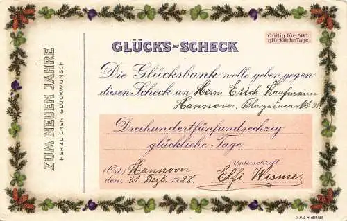Neujahr 1928 Glück Geldscheck 365 Tage Kleeblätter Tannenzapfen Vintage Postkarte