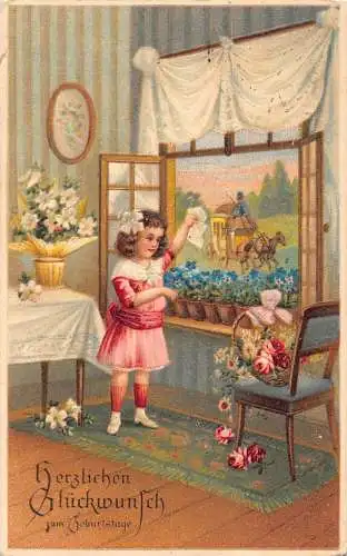 Geburtstag 1919 Mädchen flatternde Briefe Postkutsche Rosen Blumen geprägte Postkarte