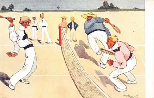 Sport gezeichnetes Tennisspiel auf Feld Männer beobachten Vintage Postkarte