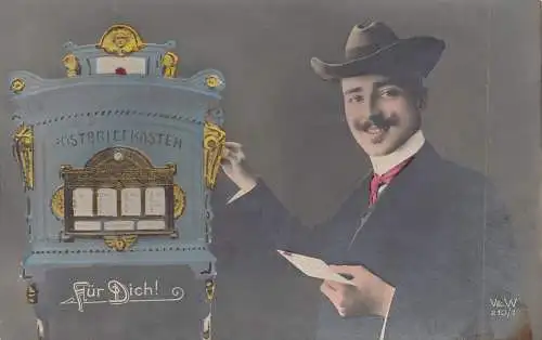 Briefkasten Postkasten Briefkasten Mann lächelnd Brief Fell dich! alte Postkarte