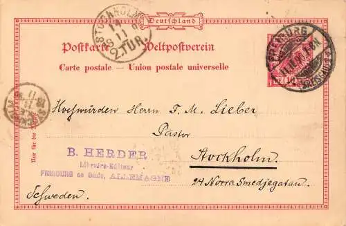 Deutschland, Freiburg B Herder Waage 1890 nach Stockholm Schweden Ganzsache