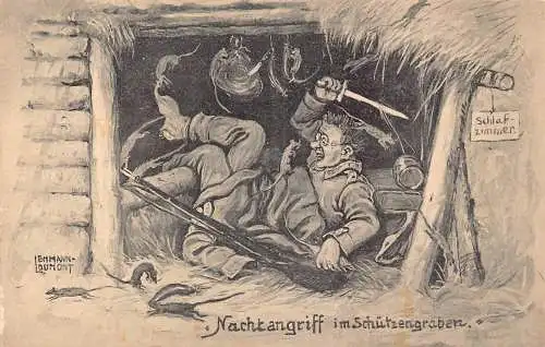 Comic Humor Nachtschicht Soldat erschrocken von Ratten Riffelmesser 1. Weltkrieg Feldpostkarte