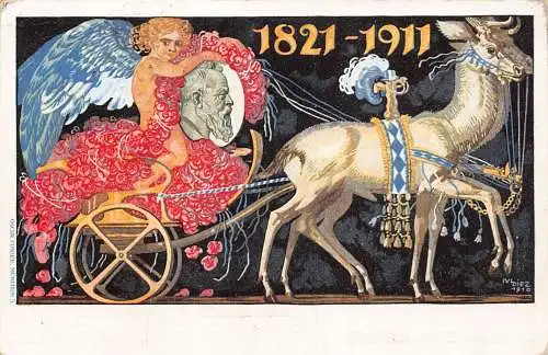 Deutschland Bayern 1911 Prinz Liutpold Anniv Allegorik Karre Blumen Engel Postkarte