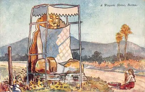 A999 Myanmar Burma Schrein am Wegesrand Einheimische Frau betet Vintage Postkarte