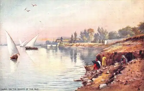 A999 Ägypten Kairo Am Ufer des Nils Segelboot Vintage Postkarte