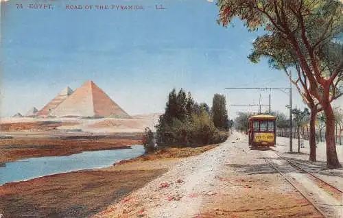 A992 Ägypten Straße der Pyramiden Straßenbahn Vintage Postkarte