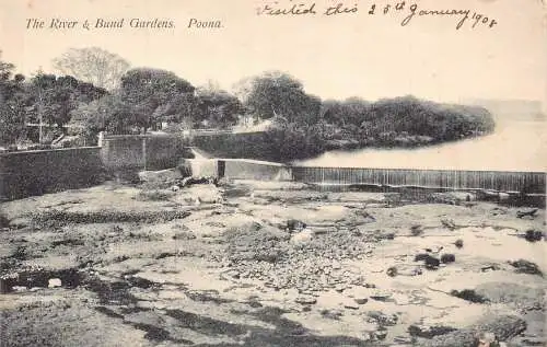 A997 Indien Poona 1908 Fluss und Gärten Vintage Postkarte