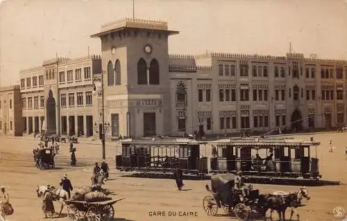 A992 Ägypten Kairo Bahnhof Straßenbahn Waggons RPPC Vintage Postkarte