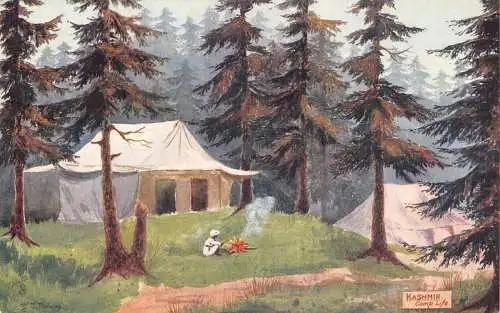 A996 Indien Kaschmir Lager Rettungszelt Feuerwald Kunst Vintage Postkarte